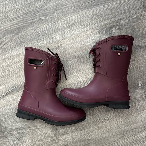NWOT BOGS Amanda Plush Ii Lace Up Rain / Snow Boots "Cranberry" Size 6 - Picture 1 of 9